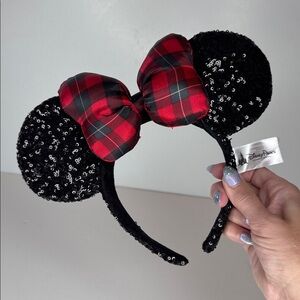 Disney Black Sequin Ears with Red Plaid Bow